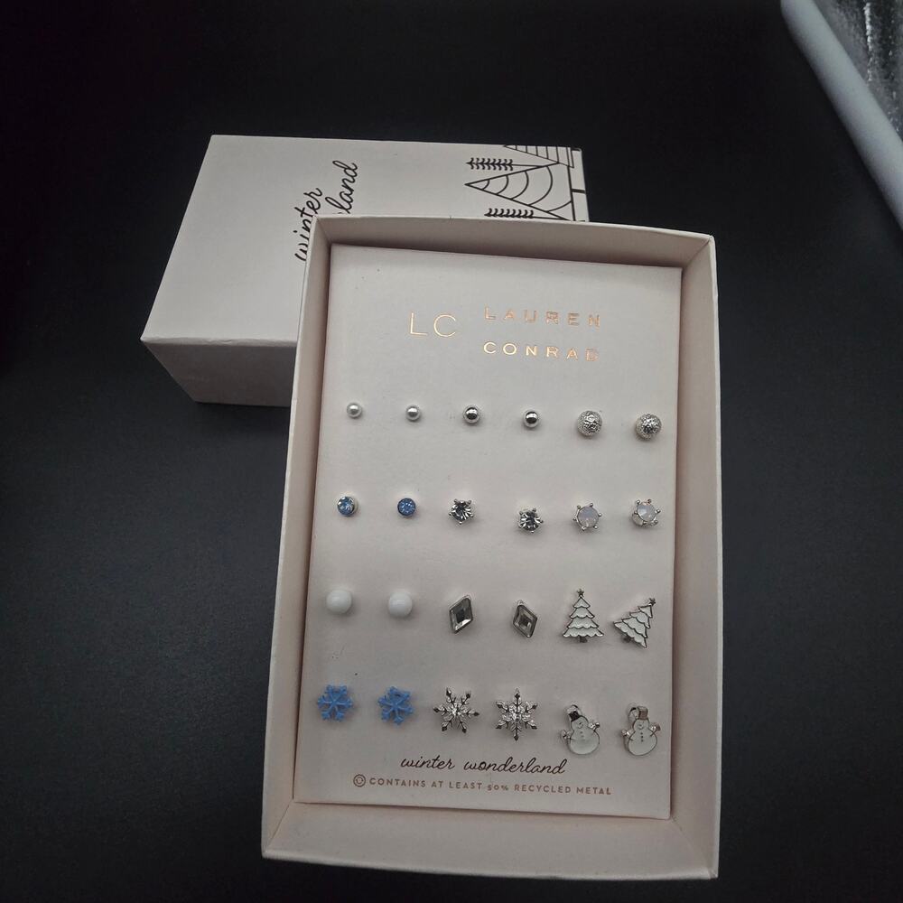 Lauren Conrad Winter Stud Earrings Box Set Snowflake Snowman NWT NIB
